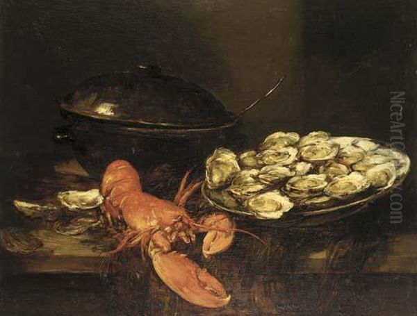 Oysters, A Lobster, And A Soup Tureen On A Table Oil Painting by Antoine Vollon