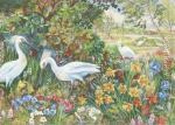 Cranes In An Exotic Garden Oil Painting by Louis William Wain