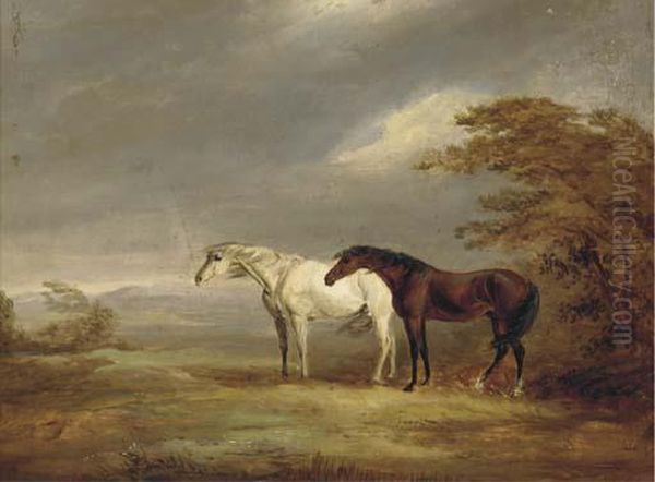 A Chestnut And Grey In A Windy Landscape Oil Painting by James Ward