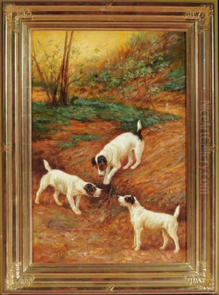 Three Terriers At A Rabbit Hole Oil Painting by Arthur Wardle