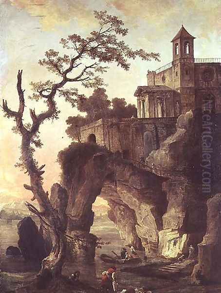 Architectural Ruins in a Rocky Landscape Oil Painting by Hubert Robert