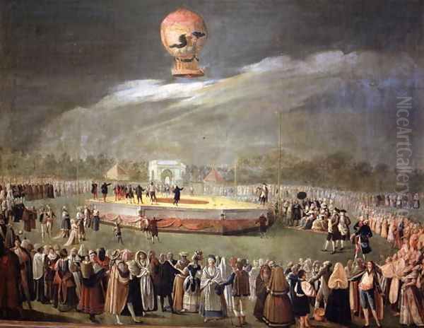 Balloon Ascension in the Gardens of Aranjuez, c.1783 Oil Painting by Louis Carrogis Carmontelle