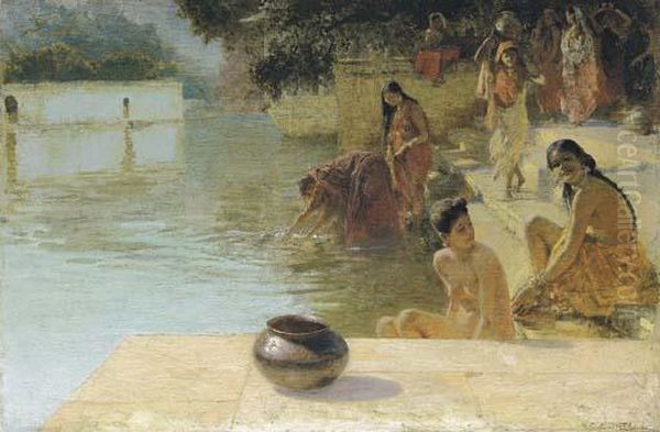 Indian Women Bathing Near Tripolia Ghat On Pichola Lake, Udaipur Oil Painting by Edwin Lord Weeks