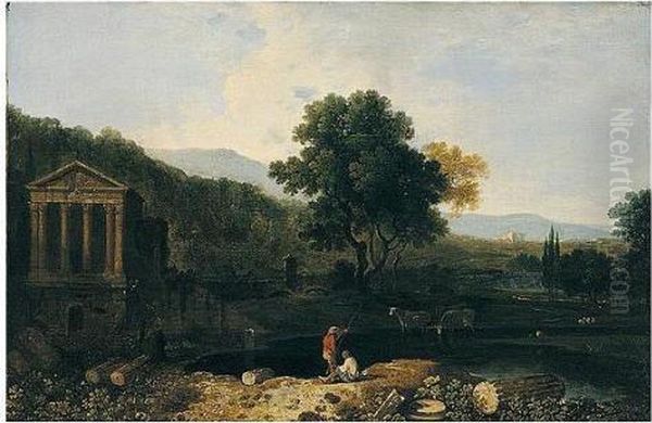 An Italian River Scene, With The
 Temple Of Clitumnus And Ruins, Two Figures And Cows In Foreground Oil Painting by Richard Wilson