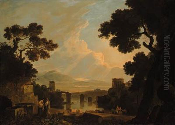 A Capriccio Landscape With The 
Temple Of The Sibyl At Tivoli Andthe Broken Bridge At Narni Oil Painting by Richard Wilson