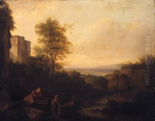 Figures Resting In A Classical Landscape Oil Painting by Richard Wilson