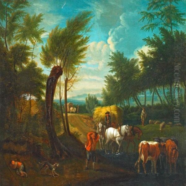 Landscape With Peasants And Wagons Oil Painting by Pieter Wouwermans or Wouwerman