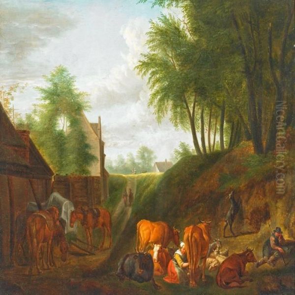 Landscape With Houses,peasents And Catle Oil Painting by Pieter Wouwermans or Wouwerman