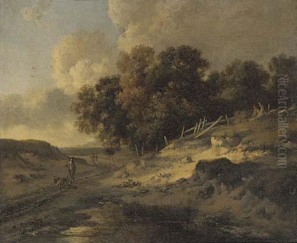 A Woodside Track With Travellers And Dogs Oil Painting by Jan Wijnants