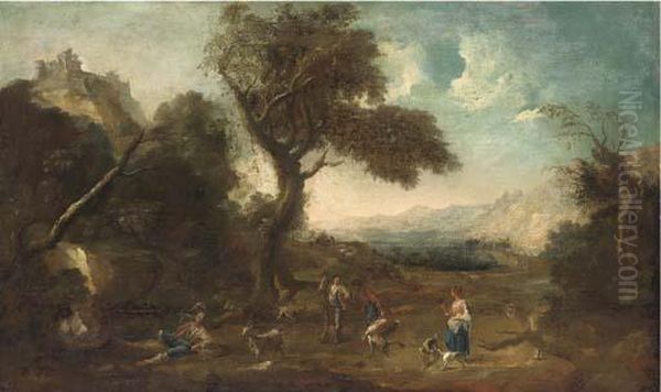 An Extensive Landscape With Huntsmen In The Foreground Oil Painting by Francesco Zuccarelli