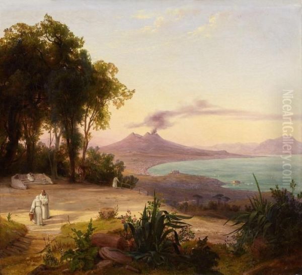 Bucht Von Neapel Mit Blick Auf Den Vesuv Oil Painting by August Wilhelm J. Ahlborn