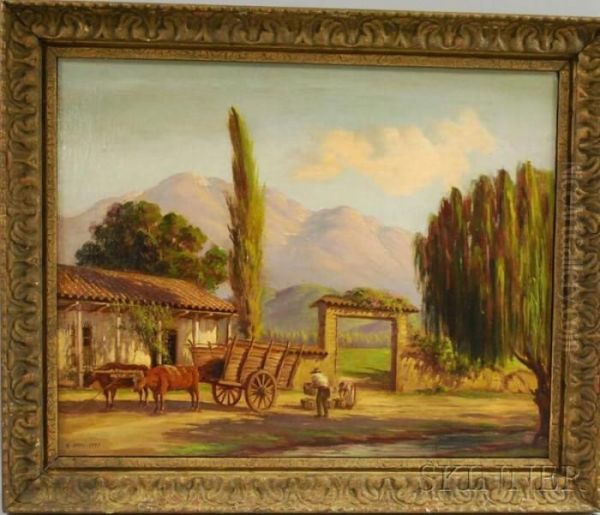 Figures Loading An Ox Cart Before A Farmhouse Gate Oil Painting by Alberto Lobos