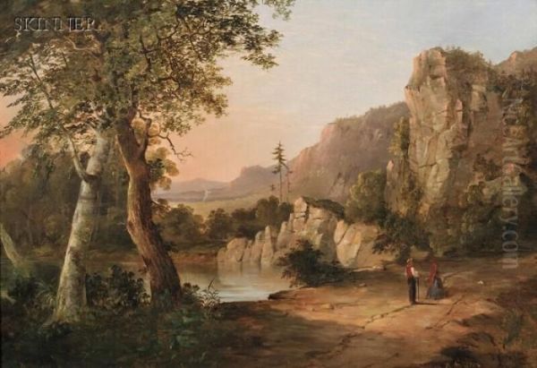 Figures By A Mountain Lake Oil Painting by Ambrose Andrews