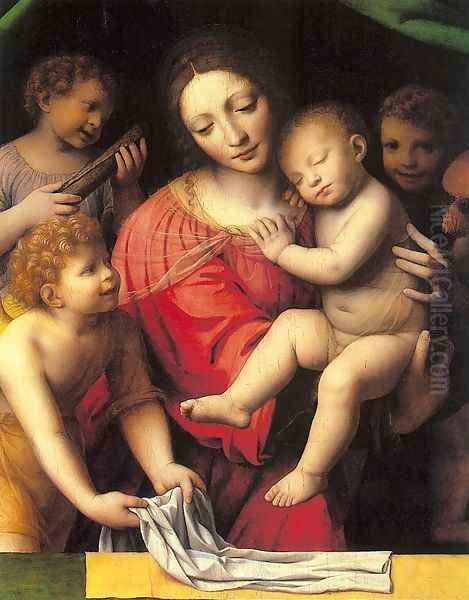 The Virgin Carrying the Sleeping Child with Three Angels Oil Painting by Bernardino Luini