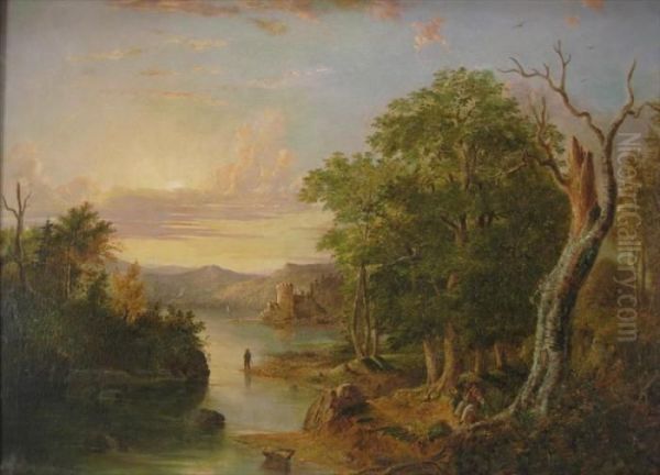 Hudson River Landscape With Figures And A Castle Oil Painting by Henry Ary