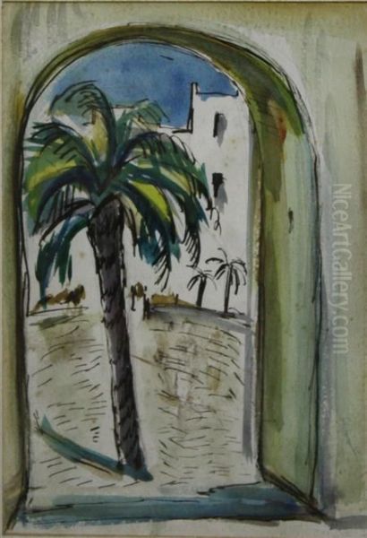 A Palm Tree Framed By A Gateway Oil Painting by William Ashbaugh