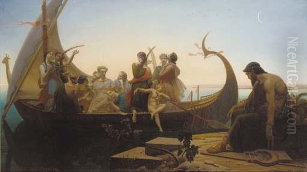 Greek Mythological Figures On A Boat Near A Pier Oil Painting by Louis-Marie Baader