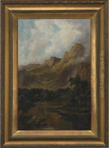 Sheep Watering In The Mountains Oil Painting by Joseph Backler