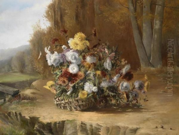 Basket Of Asters In A Landscape Oil Painting by A. Barbier