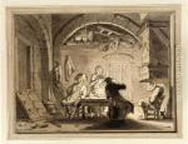 An Interior With Figures Around A Table And A Man Sleeping By The Chimney Oil Painting by Bartholomaus Barbiers