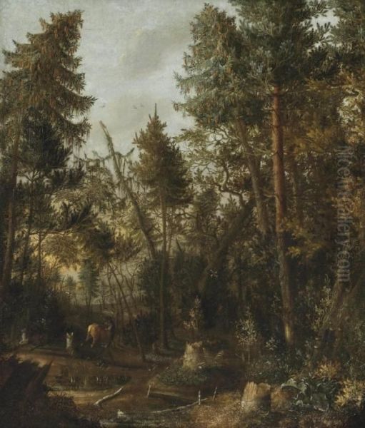 A Wooded Landscape With Deer Near A Pond Oil Painting by Pieter Bartholomeusz. Barbiers IV