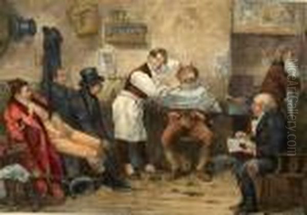 Fifty Years Ago In A Barber's Shop Oil Painting by Frederick Barnard