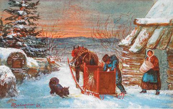 Preparing The Sleigh For Market Oil Painting by Frederick S. Barnjum