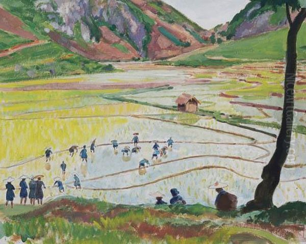 Paysans Dans La Riziere (peasants In The Ricefiel) Oil Painting by Georges Barriere