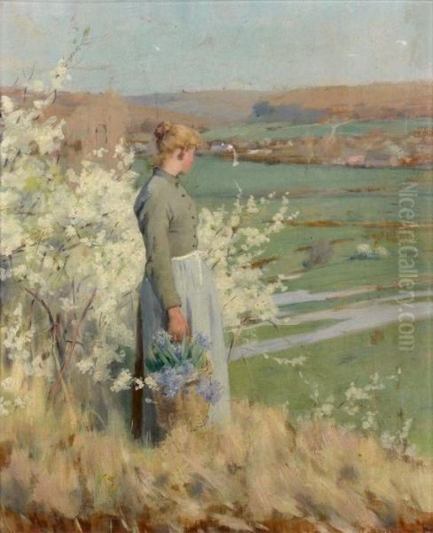 Jeune Femme Dans Un Paysage, Pres D'un Arbre En Fleurs Oil Painting by Paul Albert Baudouin