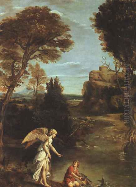 Landscape with Tobias Laying Hold of the Fish 1617-18 Oil Painting by Domenico Zampieri (Domenichino)