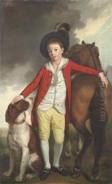 Portrait Of Boy, Possibly J. 
Langlands, Full-length, In A Red Coat, White Waistcoat, Yellow Breeches,
 Silver-buckled Shoes And A Feathered Hat, Flanked By A Pony And A Hound Oil Painting by William Bell