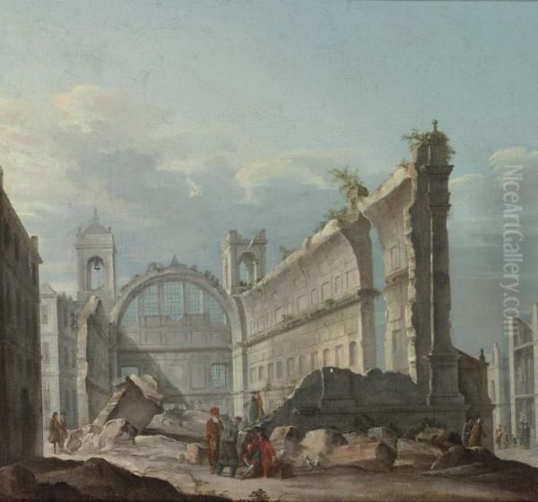 Capriccio With Figures In Front Of The Ruins Of A Church Oil Painting by Pietro Bellotti