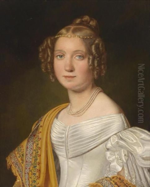 Portrait Of A Young Lady In A White Dress Oil Painting by Joseph Bernhardt