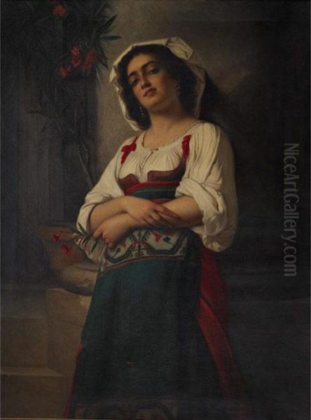 Pretty Peasant Girl Holding Lilies Oil Painting by Francesco Bettio