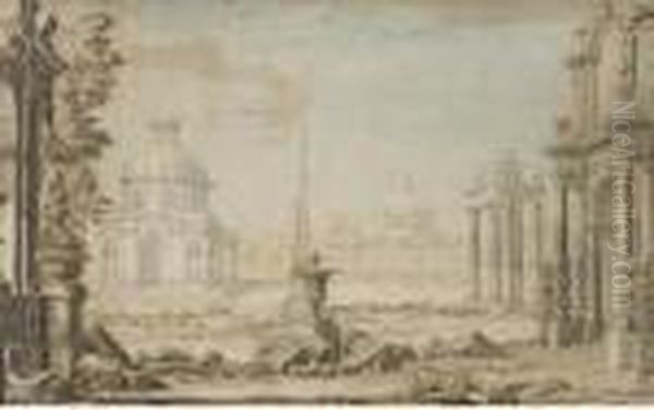 Projet De Decor De Theatre: Une 
Grande Place Avec Des Temples Et Un Obelisque, Des Debris Au Milieu Oil Painting by Giovanni Carlo Bibiena