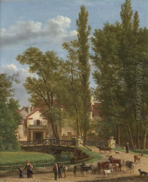 Villagers And Animals In A Landscape Beside A Bridge At The Entrance Of A Village Oil Painting by Jean Joseph Xavier Bidault