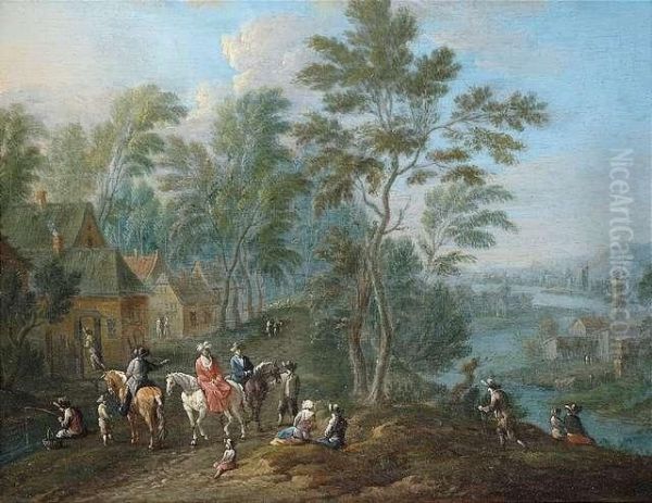 Weite Flusslandschaft Mit Reisenden Und Bauern Auf Einem Fahrweg Oil Painting by Maximiliaan Blommaert