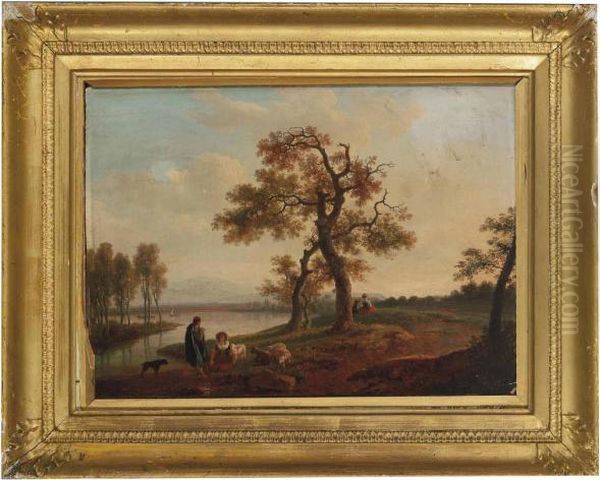 An Extensive River Landscape With A Shepherd And Shepherdess Resting On A Bank Oil Painting by Jean-Baptiste Bocquet