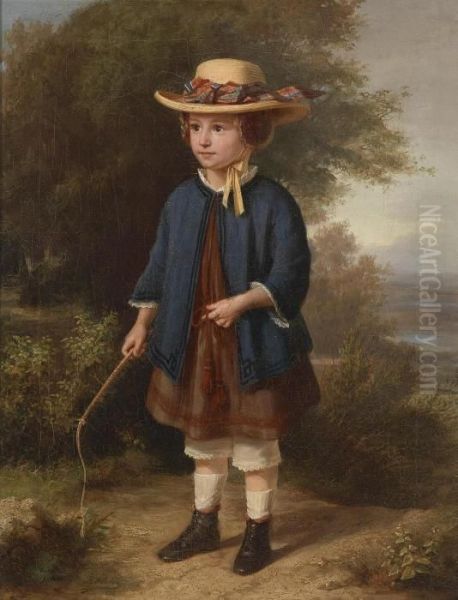 Child In Blue Cape With Rod Oil Painting by Heinrich Bohn