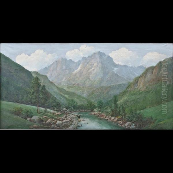 Veduta Fluviale Con Montagne E Pescatore Oil Painting by Jean-Baptiste Bonacina