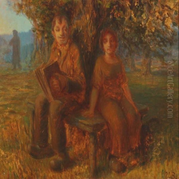 A Summer's Eve With Woman And Man Playing The Harmonica Oil Painting by Victor Borregaard