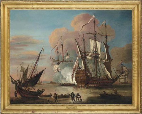 An Honourable East India Company Flagship Returning To Home Waters In Triumph Oil Painting by Johann Baptiste Bouttats