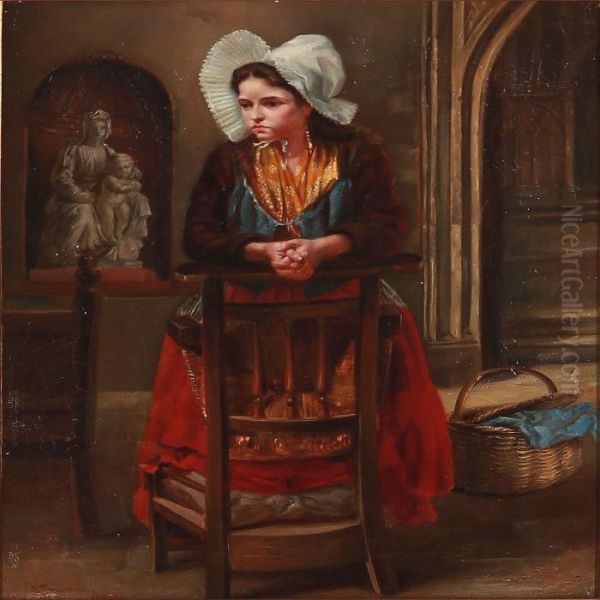 Church Interiour With Praying Woman Oil Painting by George Brightwell