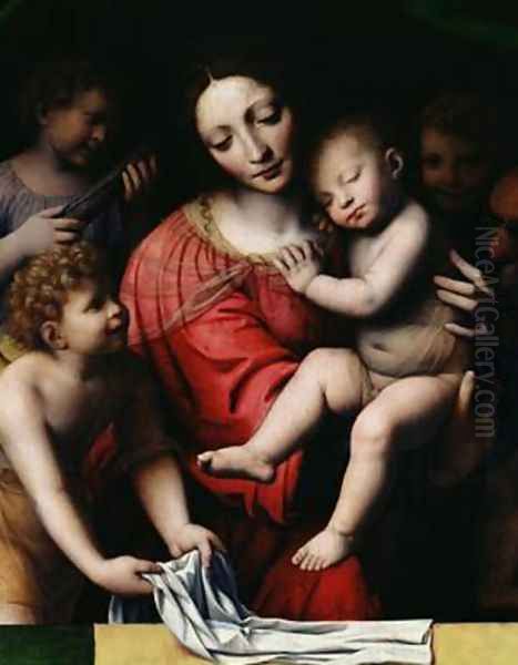 The sleeping Christ or Madonna and sleeping Child with three angels 1532 Oil Painting by Bernardino Luini