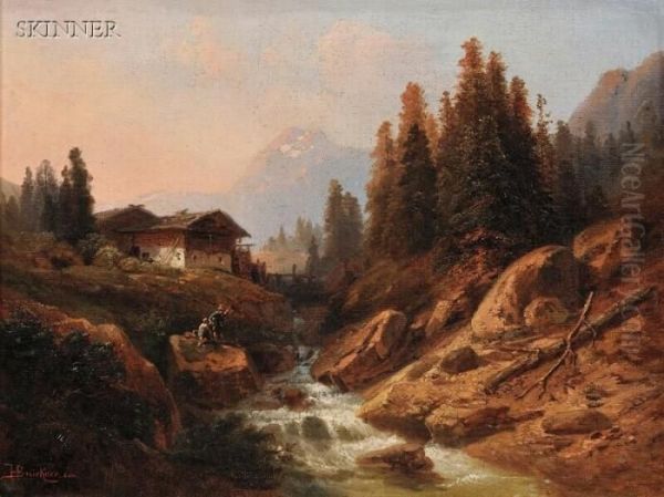 Fishing In The Northern Alps Oil Painting by Heinrich Karl Bruckner