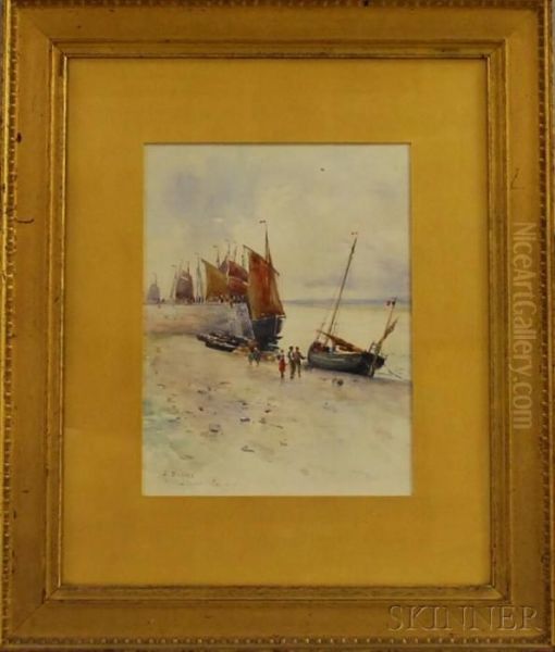 Fisherman On The Shores At Etaples Oil Painting by Augustus W. Buhler