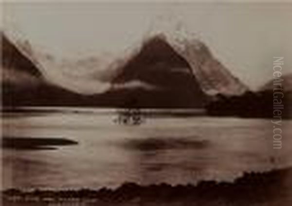 New Zealand Mitre Peak Milford Sound Oil Painting by Burton Alfred & Walter