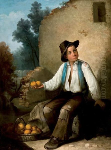 Nino Vendiendo Naranjas Oil Painting by Antonio Cabral Y Bejarano