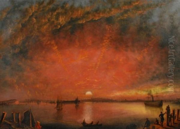 Sunset Over Baltimore Harbor Oil Painting by Nicolino Calyo