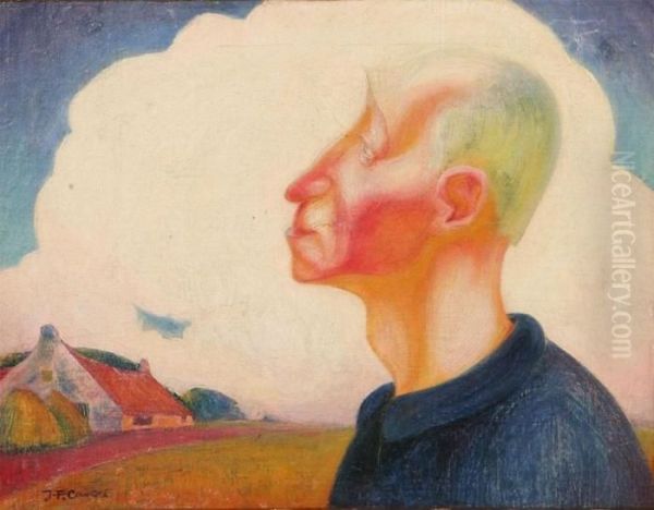 Farmer's Head In Profile In Front Of The Farmhouse Oil Painting by Jan-Frans Cantre